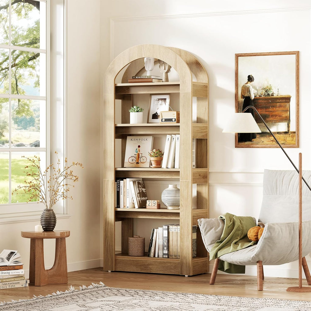 5-Tier Bookshelf, Arch-Shaped Racks, Tall Standing Wooden Bookcase Display Shelf Modern Storage Solution (2, Teak