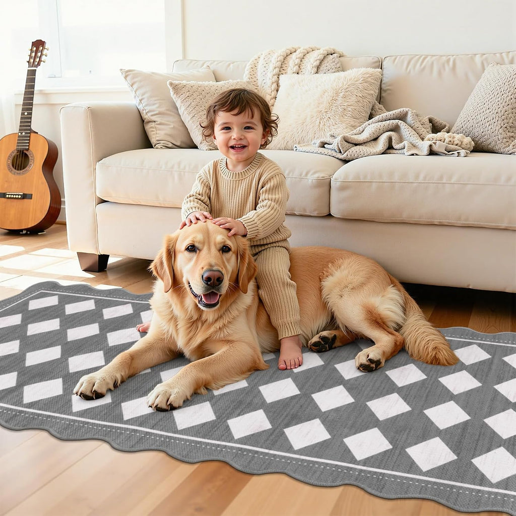 Checkered Hallway Runner Rug 2x6, Non Slip Washable Mat, Grey