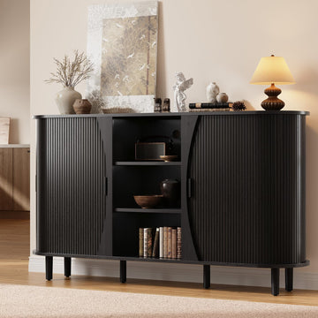 59" Curved Sideboard Cabinet with Storage Adjustable Shelf Black
