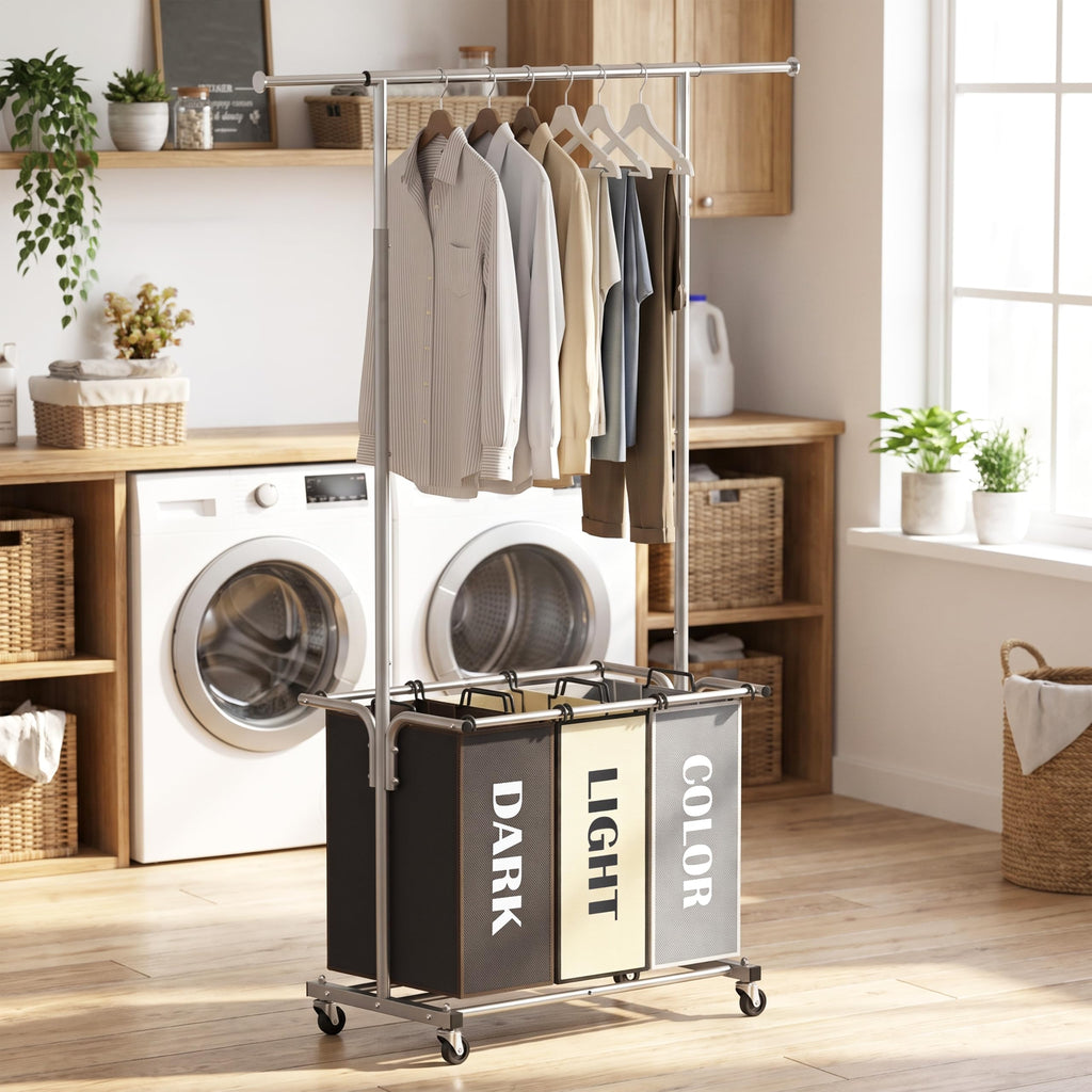 3 Bags Laundry Sorter Cart with Hanging Rod, Multi Color