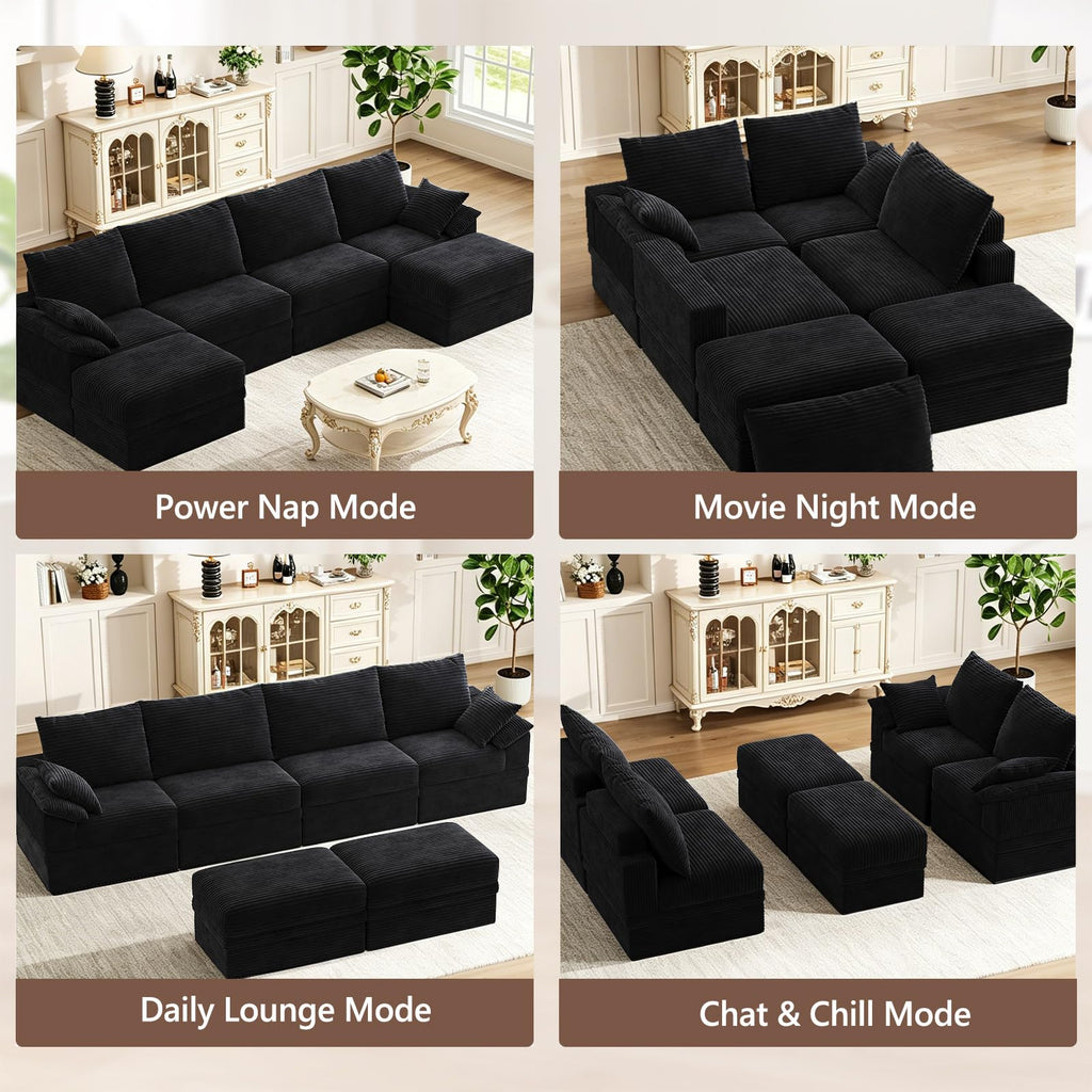 142" Modular Sectional Sofa Boneless Couch with Storage, U-Shape 4 Seat Comfy Modern Couch Sofa with Chaise, 27" Deep