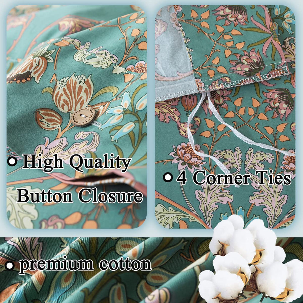 Duvet Cover Set Floral Bedding Button Closure Full Premium 100% Cotton 600 TC Shabby Vintage Reversible Blue Orange