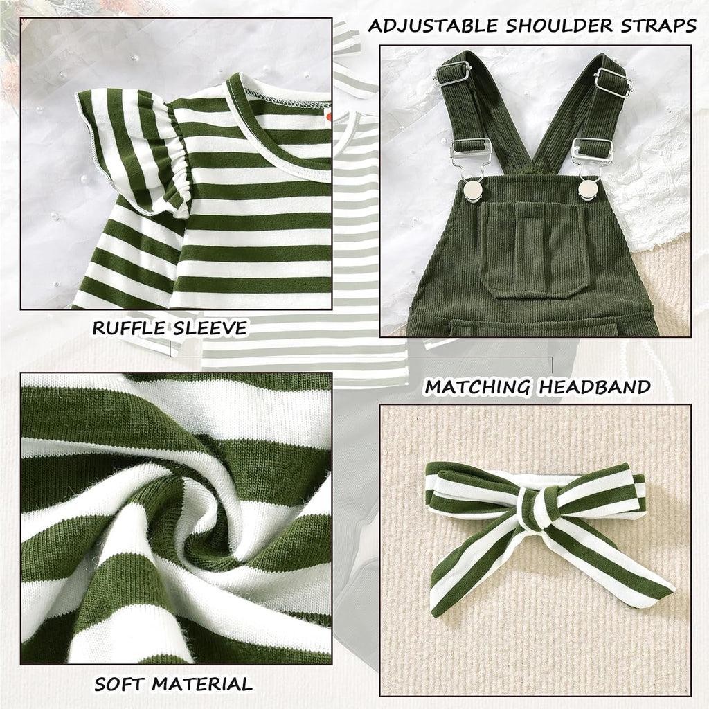 2PCS Baby Girls Clothes Toddler Jumpsuit Rompers Adjustable Ripped Jeans Overalls Set with Long Sleeve Stripe T-Shirt