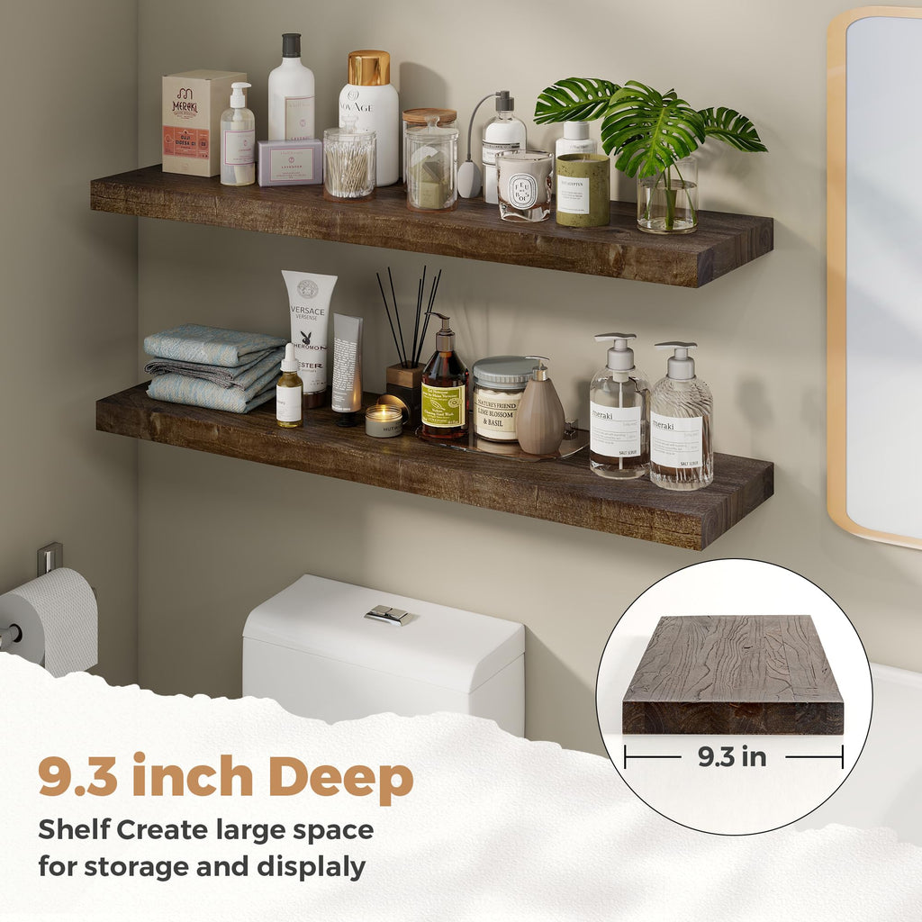 Elm Floating Shelves for Wall - 22" W x 9.3" D Rustic Solid Wood Shelves with Invisible Bracket, Wall-Mounted Storage