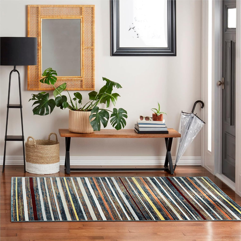 Everwash Treasure Striped Modern Machine Washable Area Rug, Blue/Yellow, 5'2"x7'2"