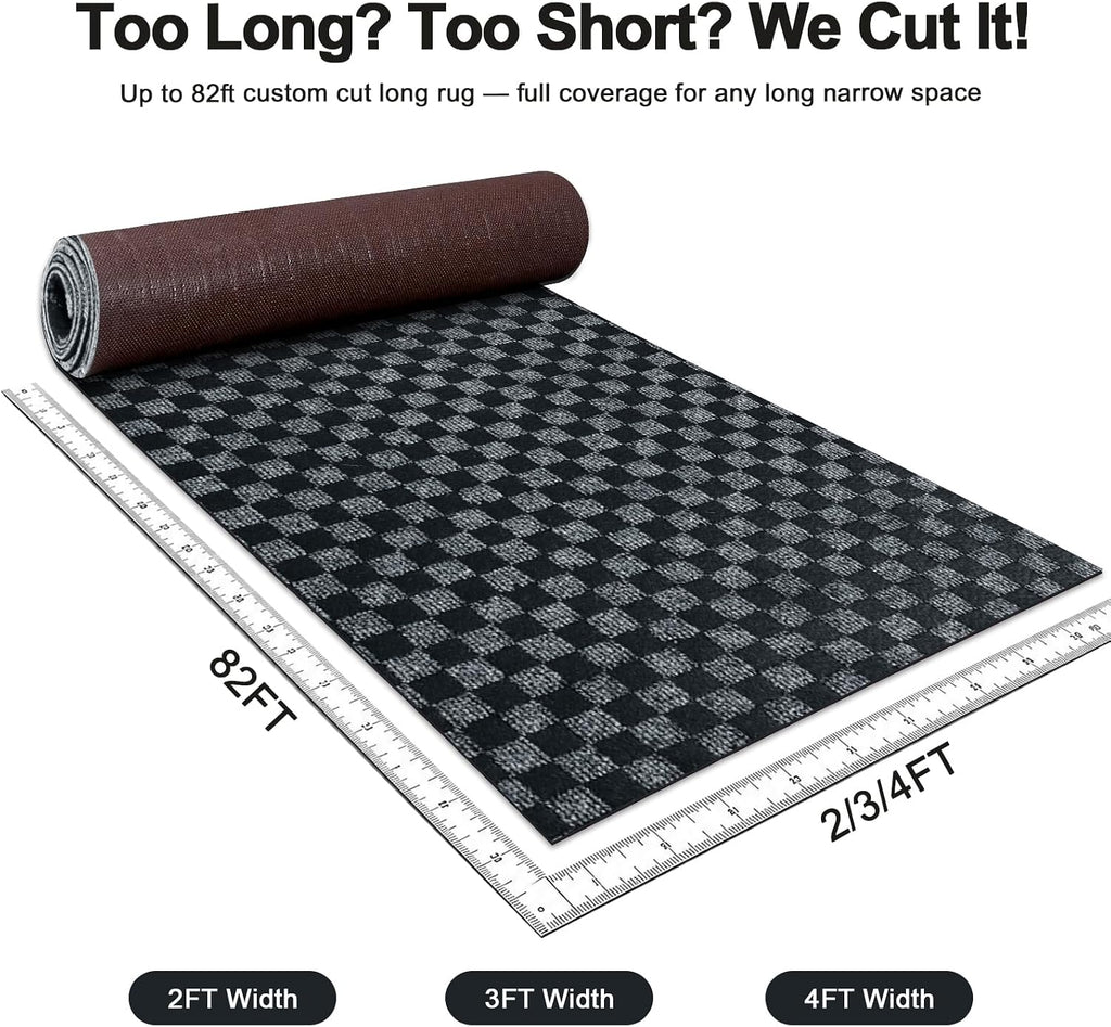 2x8 FT Non-Slip Kitchen Rugs with Rubber Backing, Black Check