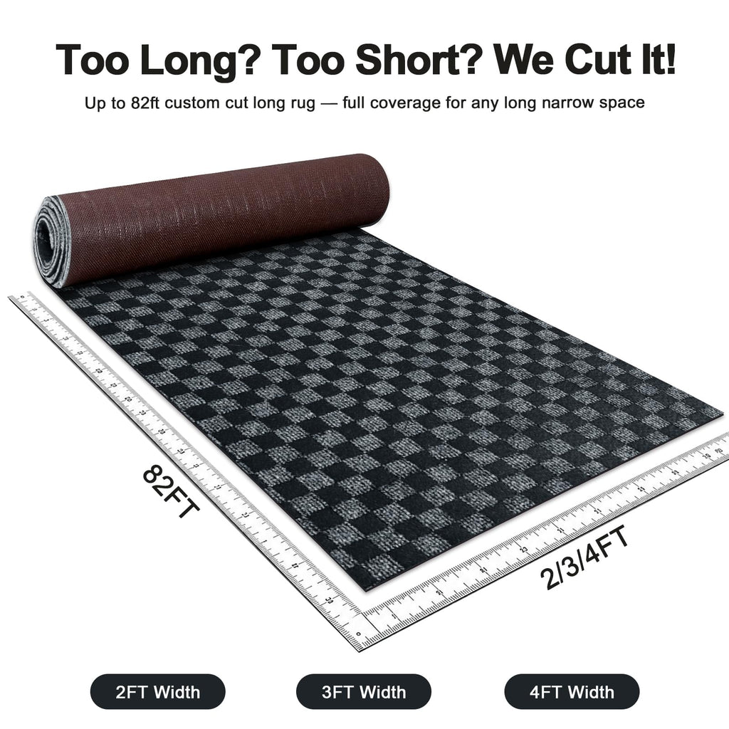 4x16 FT Non-Slip Kitchen Rugs with Rubber Backing, Black Check