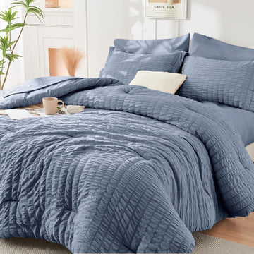 California King Comforter Set - 7PCS Seersucker Bed in a Bag, Nordic Blue