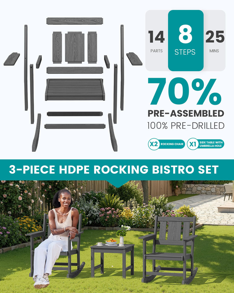 3-Piece Patio Furniture Set with 2 Rocking Chairs & Table, Grey