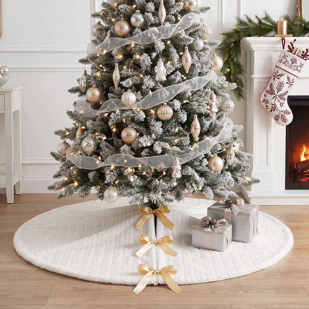 Christmas Tree Skirt, 60-Inch White Cable Knit Decor