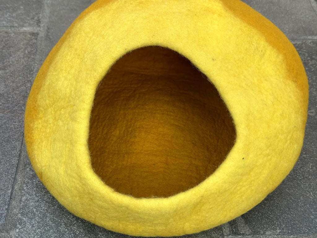Felt Cat Cave Bed - Yellow & Golden Yellow Wool Cat House, Cozy Enclosed Pet Bed for Indoor Cats, Warm Nest Sleeping