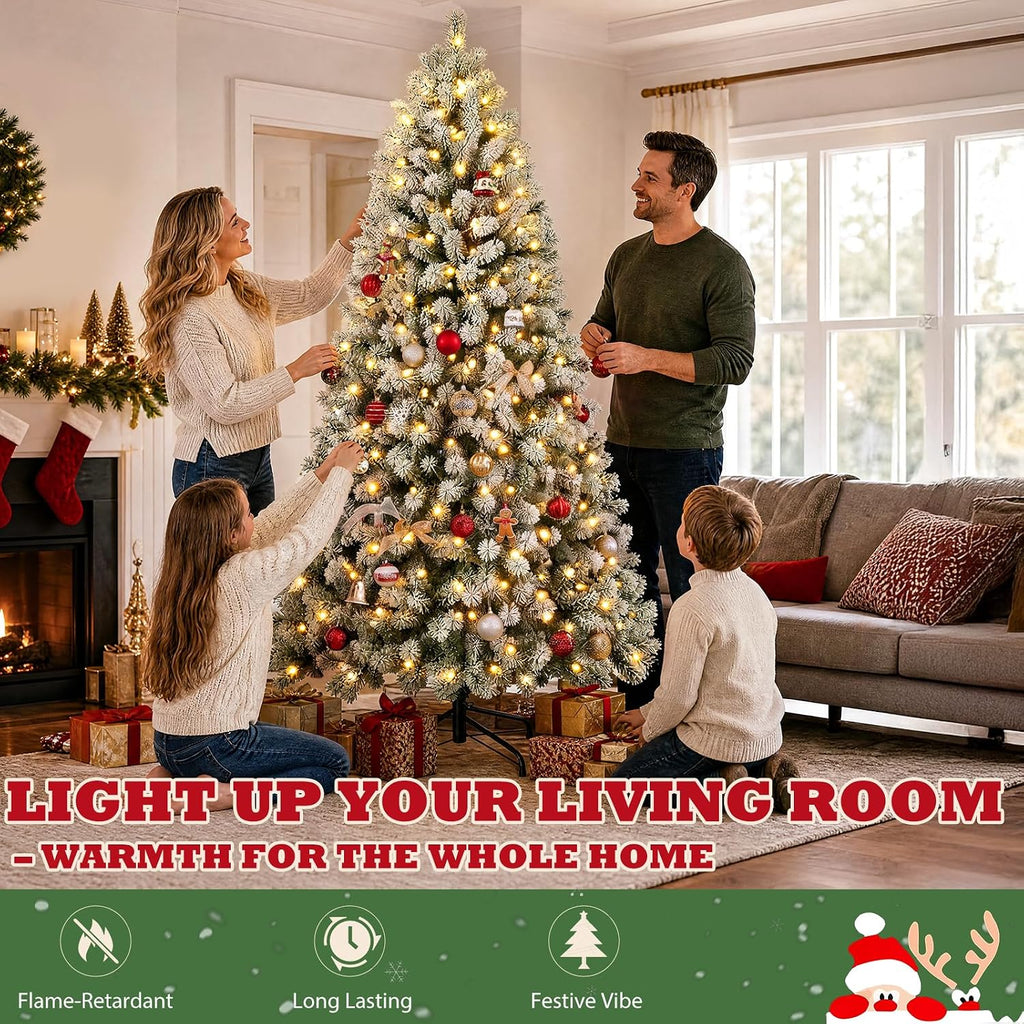 Pre-Lit Snow Flocked Christmas Tree, Artificial Xmas Tree