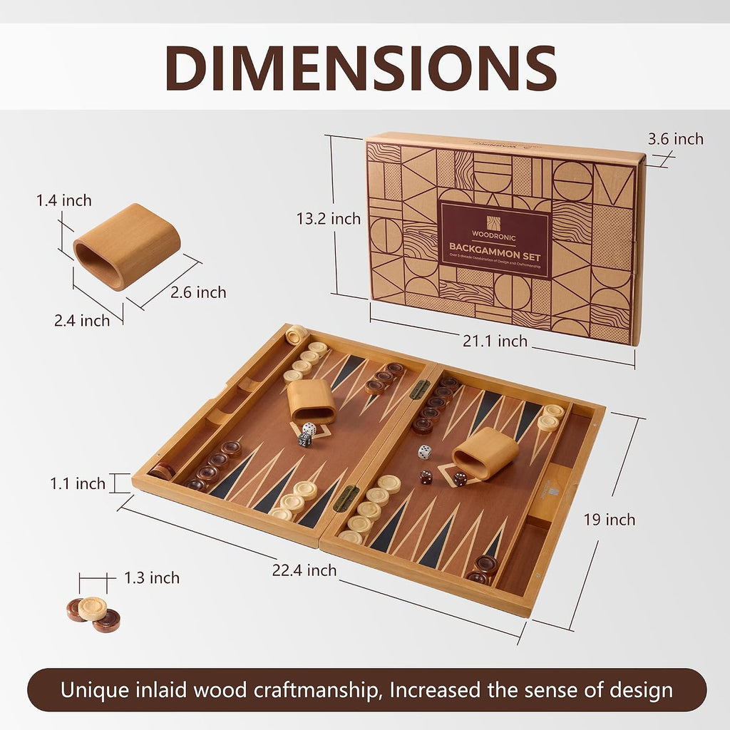 Wooden Backgammon Set for Adults - 19 Inch Classic Board Game Case - Premium Folding Backgammon Set with Wooden - Set of 200