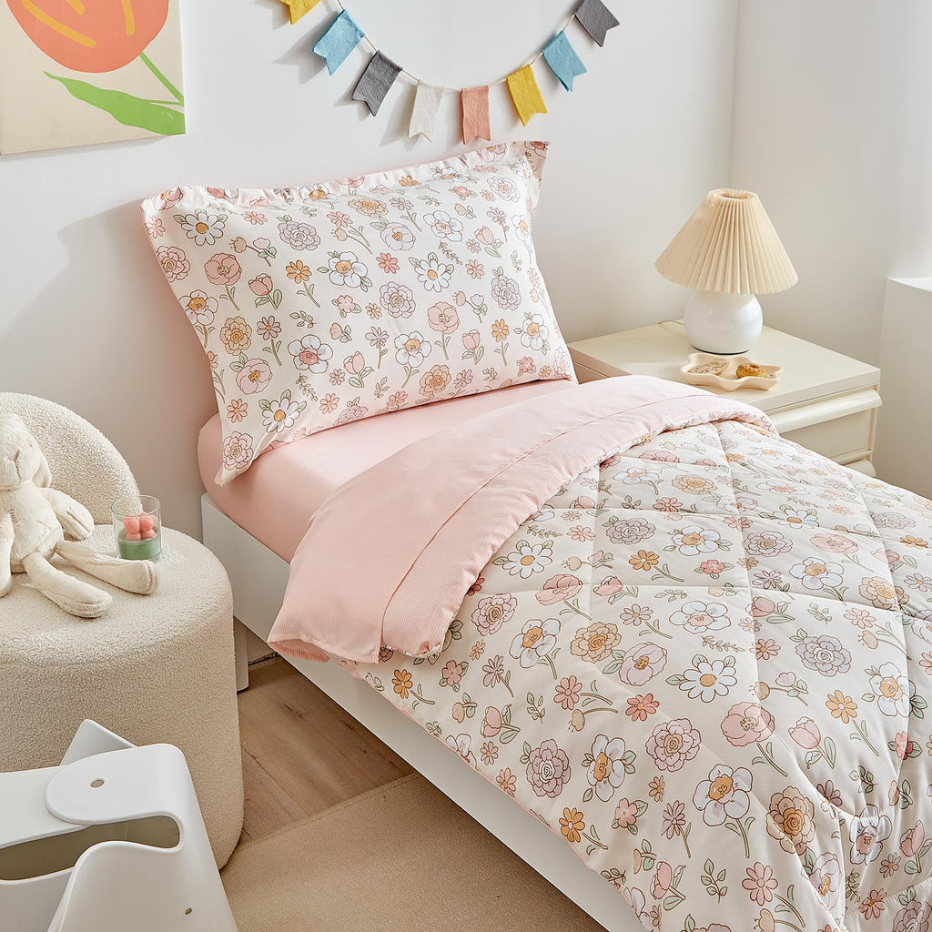 Floral 4 Piece Girls Toddler Bed Comforter Set Pink Flower Reversible Toddler Bedding Set Soft Baby Crib Bed Sheets