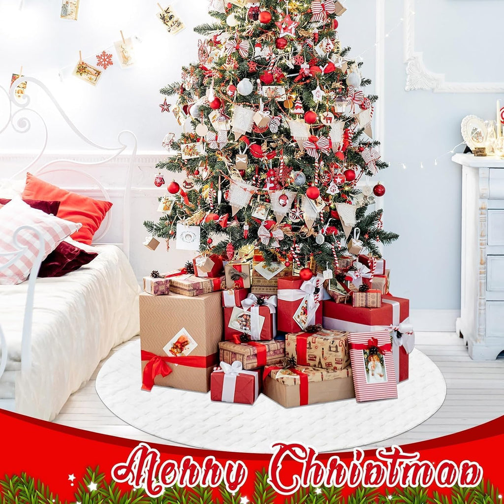 72 Inch Faux Fur White Christmas Tree Skirt for 7.5ft to 12ft Tree with Diamond Textured Pattern Christmas Large Tree