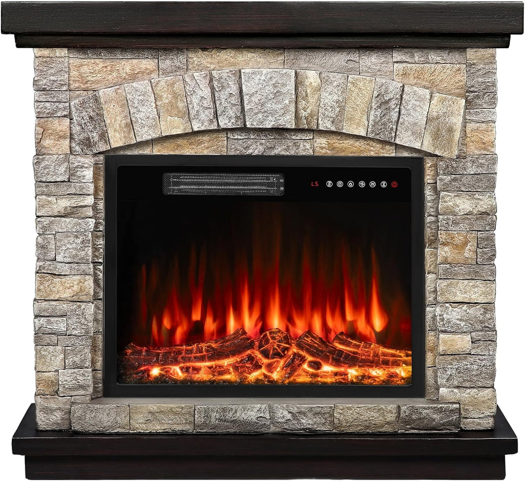 36 Inch Electric Fireplace with Mantel, 23 Inch Fireplace Insert Heater with Remote, Timer and LED Flame, Freestanding Space Heater, Faux Stone Gray