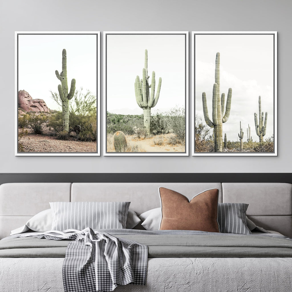 Framed Canvas Print Wall Art Desert Landscape, Southwest Cactus Desert Landscape, Cactus Print, Botanical Flower