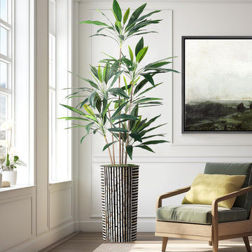 Tree in Black and Brown Striped Planter, Fake Dracaena Tree Silk Tree for Indoor and Outdoor Home Decoration - 66"