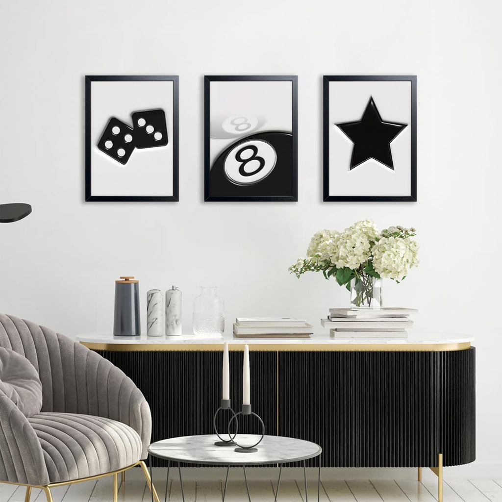 Black And White Wall Art Set of 3, Vintage Y2k Dice 8 Ball Canvas Prints Painting, Funky Lucky Preppy Posters