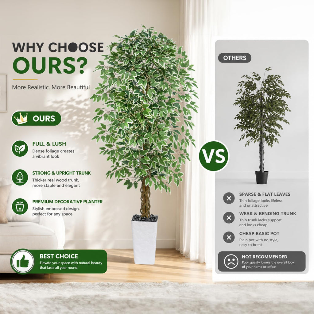 Ficus Tree 7FT, Large Fake Tree Decor (White Planter)