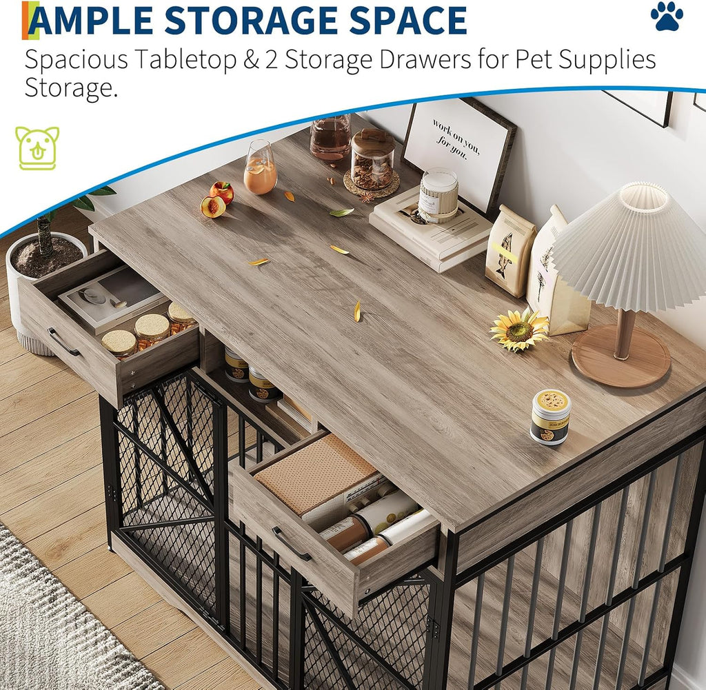 44 Inch Dog Crate Furniture with Drawers and Open Storage, Heavy Duty Indoor Dog Kennel with Double Doors, Furniture