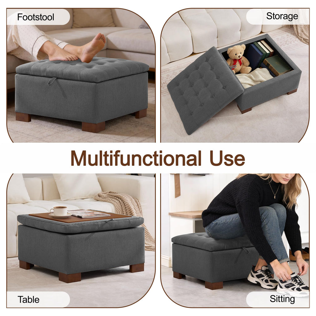 30" Fabric Square Storage Ottoman with Wooden Tray, Modern Tufted Button Footstool Coffee Table, Upholstered Large