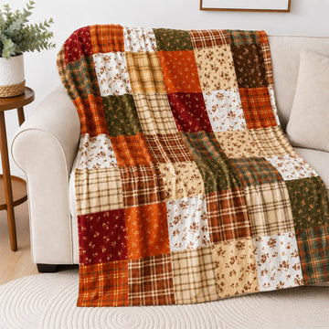 Fall Fuzzy Flannel Blanket, Patchwork Style, 60 x 50 Inch