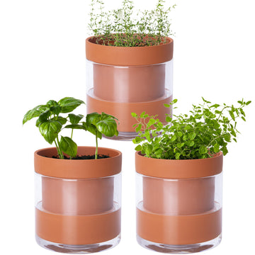 4 Inch Self Watering Planter Pot, Terracotta Clay Pot with Glass Reservoir for Indoor Plants, Herbs, Flowers, Set of