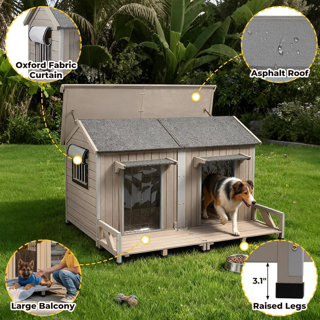 Extra Large Outdoor Dog House with Balcony, Weatherproof Kennel for 2 Dogs