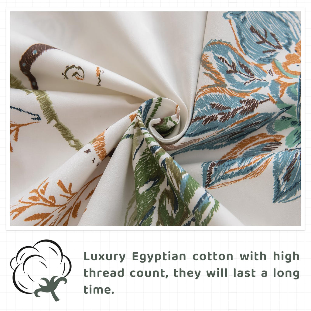 Floral Bed Sheets Queen Size - 100% Egyptian Cotton Sheets Elegant Botanical Leaves Flower Pattern Printed Bedding