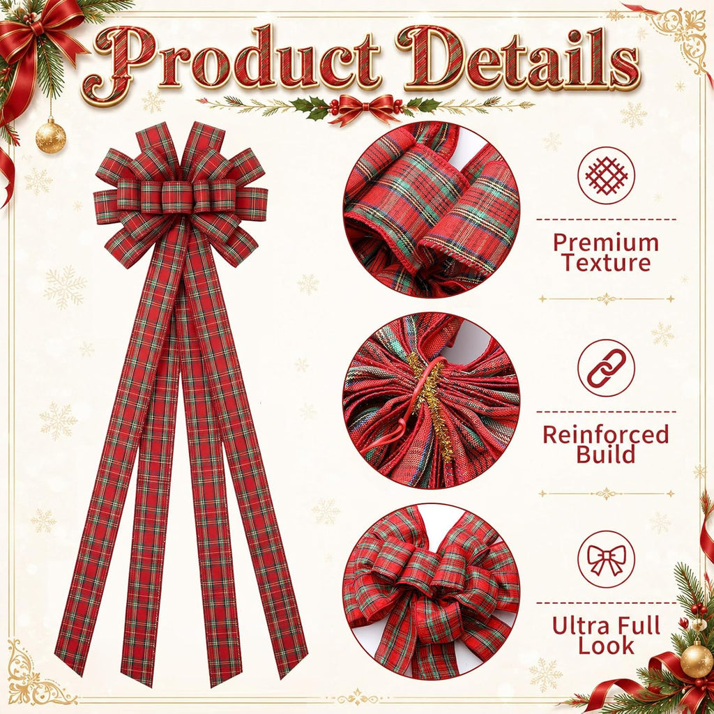 Large Christmas Tree Topper Bow Red Green Plaid Bows, Fresh Color