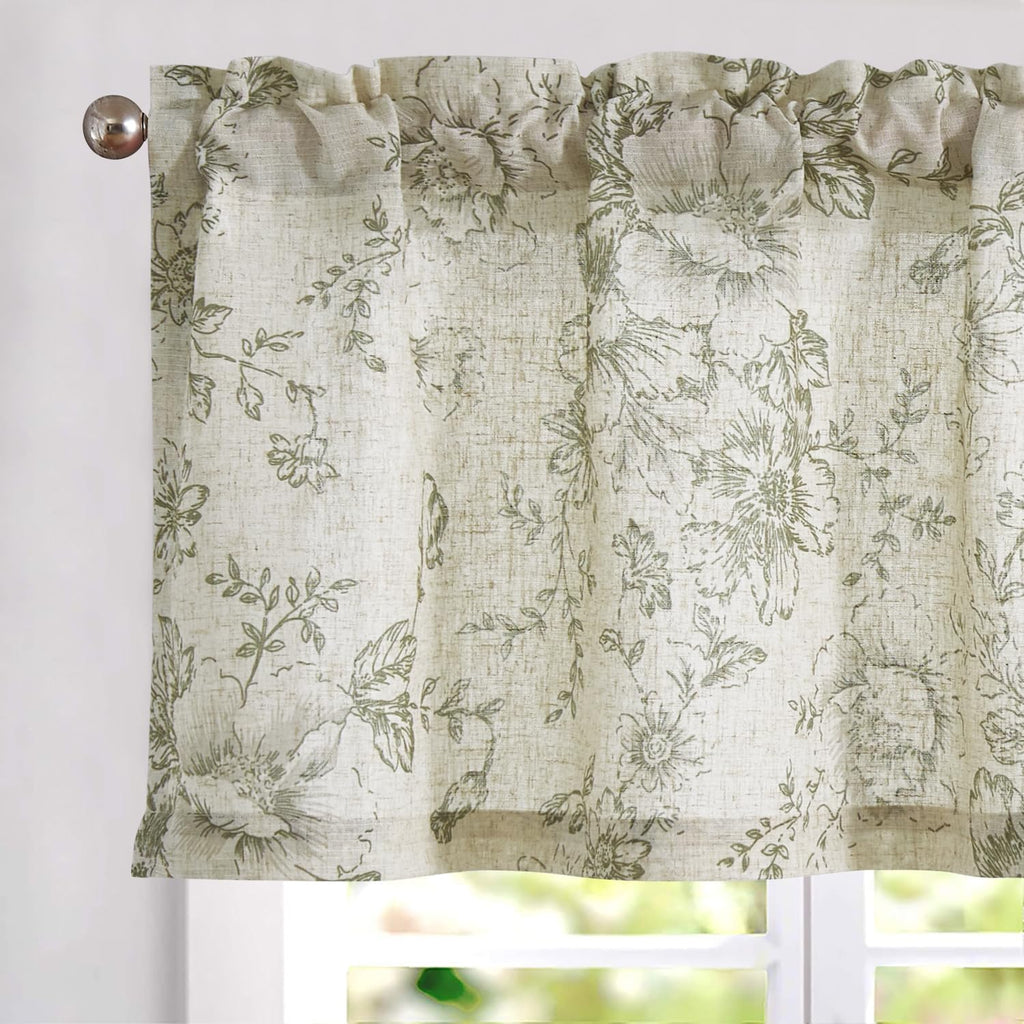 Linen Valance Curtain Farmhouse Sage Green Floral Window Valance, 16 Inch French Country Flower Drapes for Kitchen