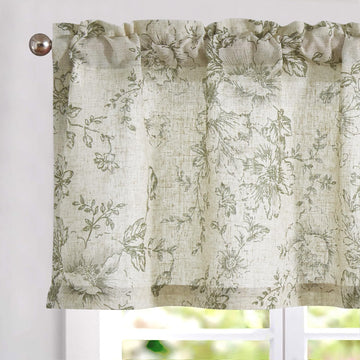Linen Valance Curtain Farmhouse Sage Green Floral Window Valance, 16 Inch French Country Flower Drapes for Kitchen