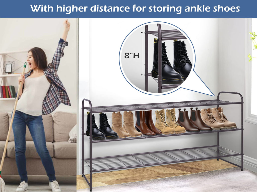 Long 3 Tier Shoe Rack for Closet Wide Shoe Storage Organizer Stackable Metal Shoe Shelf for 24 Pairs Men Sneakers