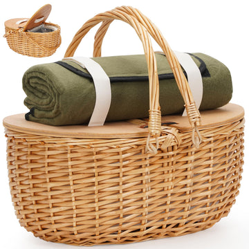 15" Cooler Picnic Basket with Blanket, Wooden Split Lid Picnic Basket