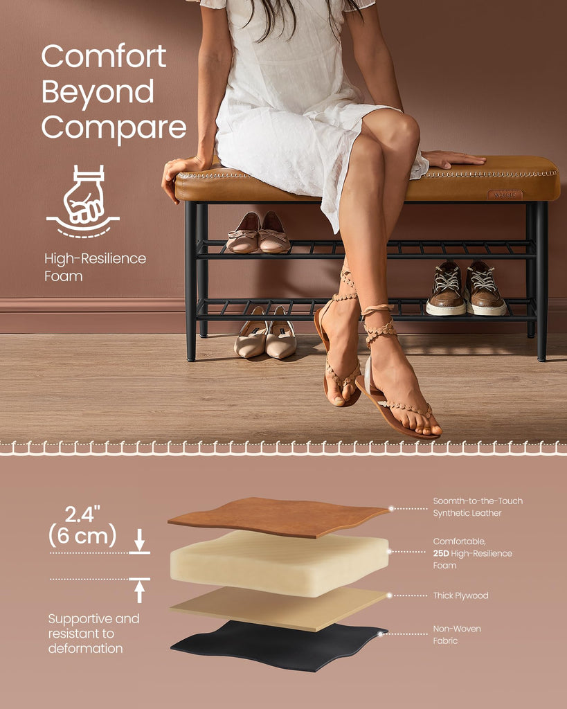 Shoe Bench, Synthetic Leather with Stitching, Loads 300 lb