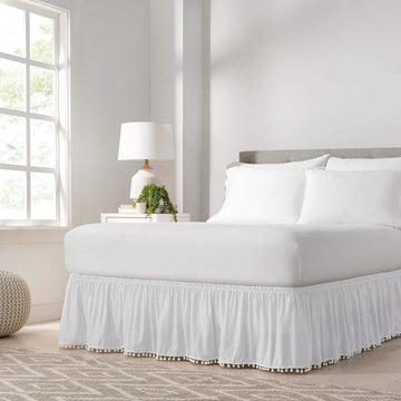 Pom Pom Elastic Wrap Around Bed Skirt, Easy On/Off Dust Ruffle (18 Inch Drop), Twin/Full, White