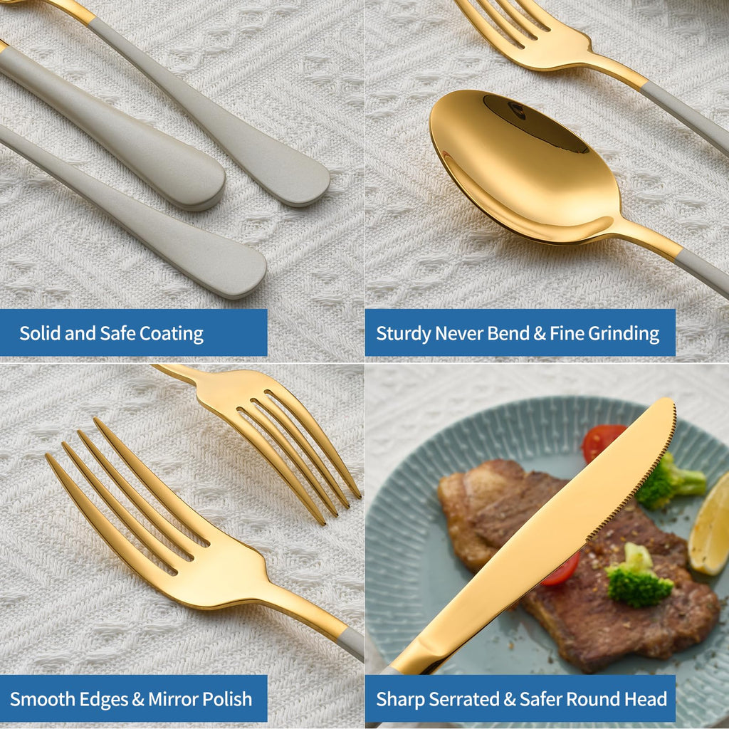 20-Piece Off white & Gold Silverware Set, 18/0 Stainless Steel Colorful Handle Flatware Set, Service for 4, Modern