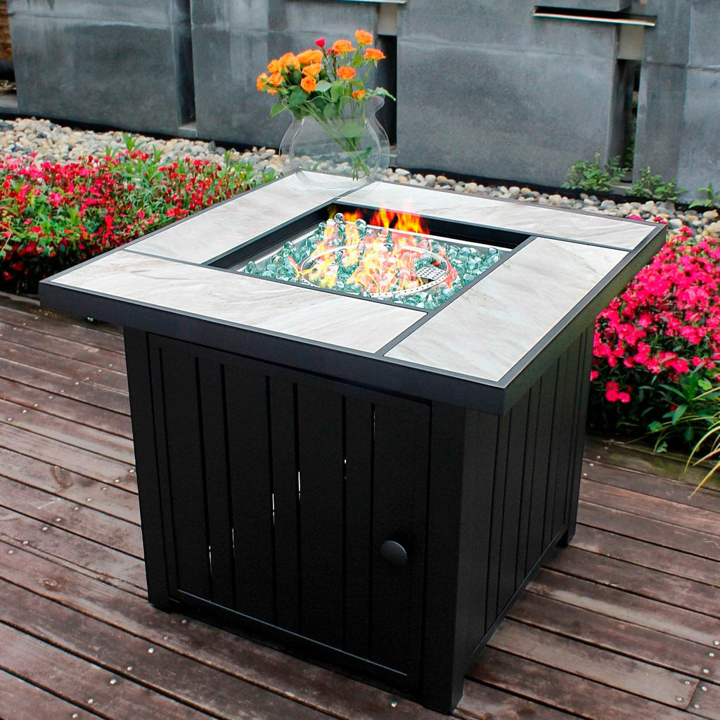 30" Propane Fire Pit with Real Ceramic Tabletop, 50000 BTU Gas Firepit Table with Lid & Glass Rock, Outdoor Fire Pit for Dining or Party, Firepit for