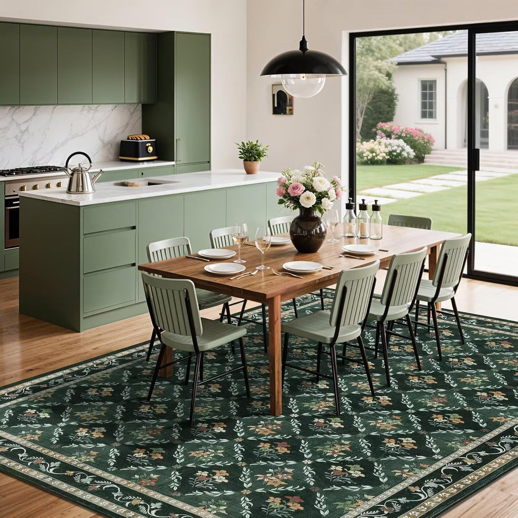 Green Floral Rugs 8x10 Area Rugs, Non Slip Stain Resistance Washable Vintage Large Area Rug, Low Pile Checkered