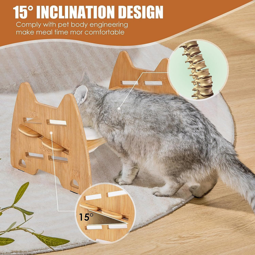 8 Heights Adjustable Raised Dog and Cat Pet Bowl with Bamboo Stand and Ceramic Dishes, Elevated Feeding Station