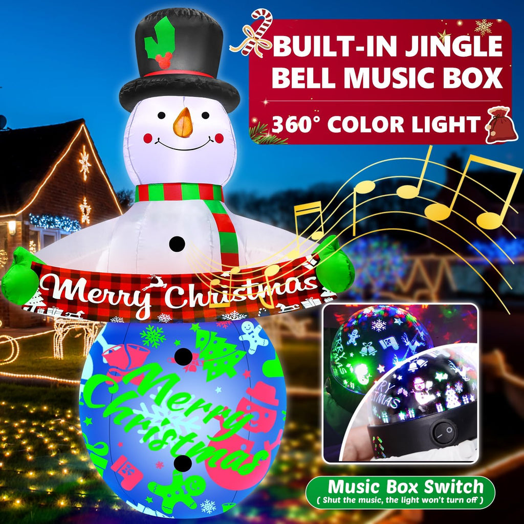 7FT Christmas Inflatables Decorations with Built-in Music & 360° Rotation Colorful Projector LED Light Snowman