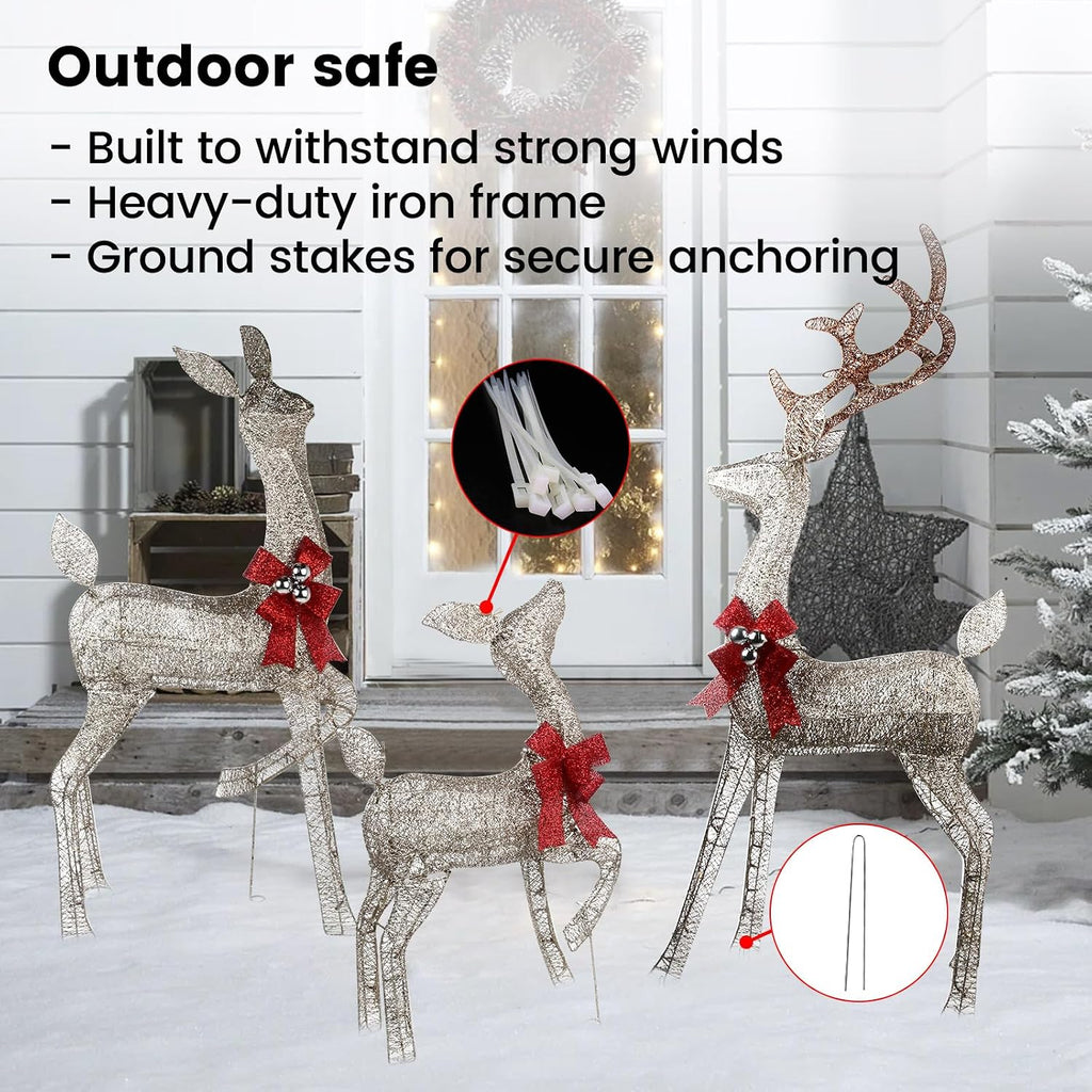 3D Christmas Reindeer Outdoor Decorations - 3 Pieces Set of Gold LED Deer Family with 240 Warm Lights - 5ft Buck &