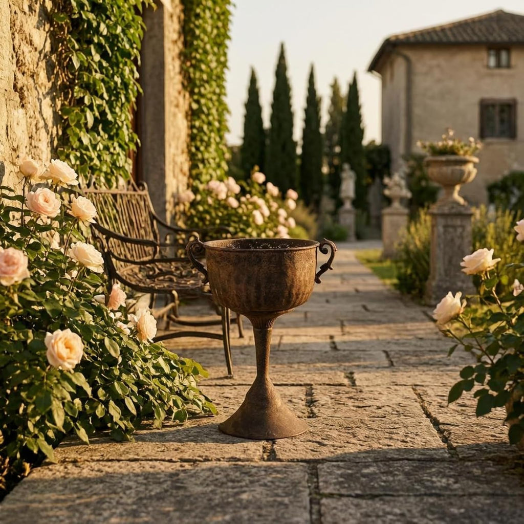 Outdoor Trophy Planter Pedestal Urn Planter Vase Pot with Weathered Texture and Deep Visual Depth Iron Body Suitable