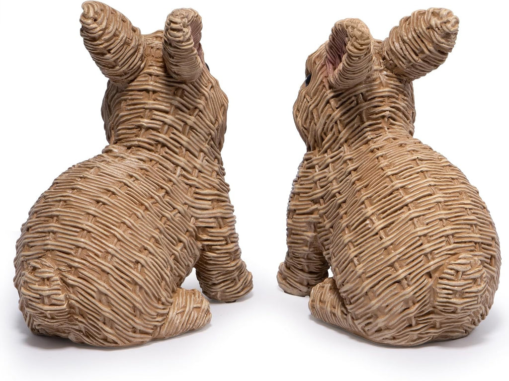 Woven Easter Bunny Figurines - 4.8" Tall White Rabbit Resin Sculptures with Handcrafted Wicker-Style Design - Set of 2
