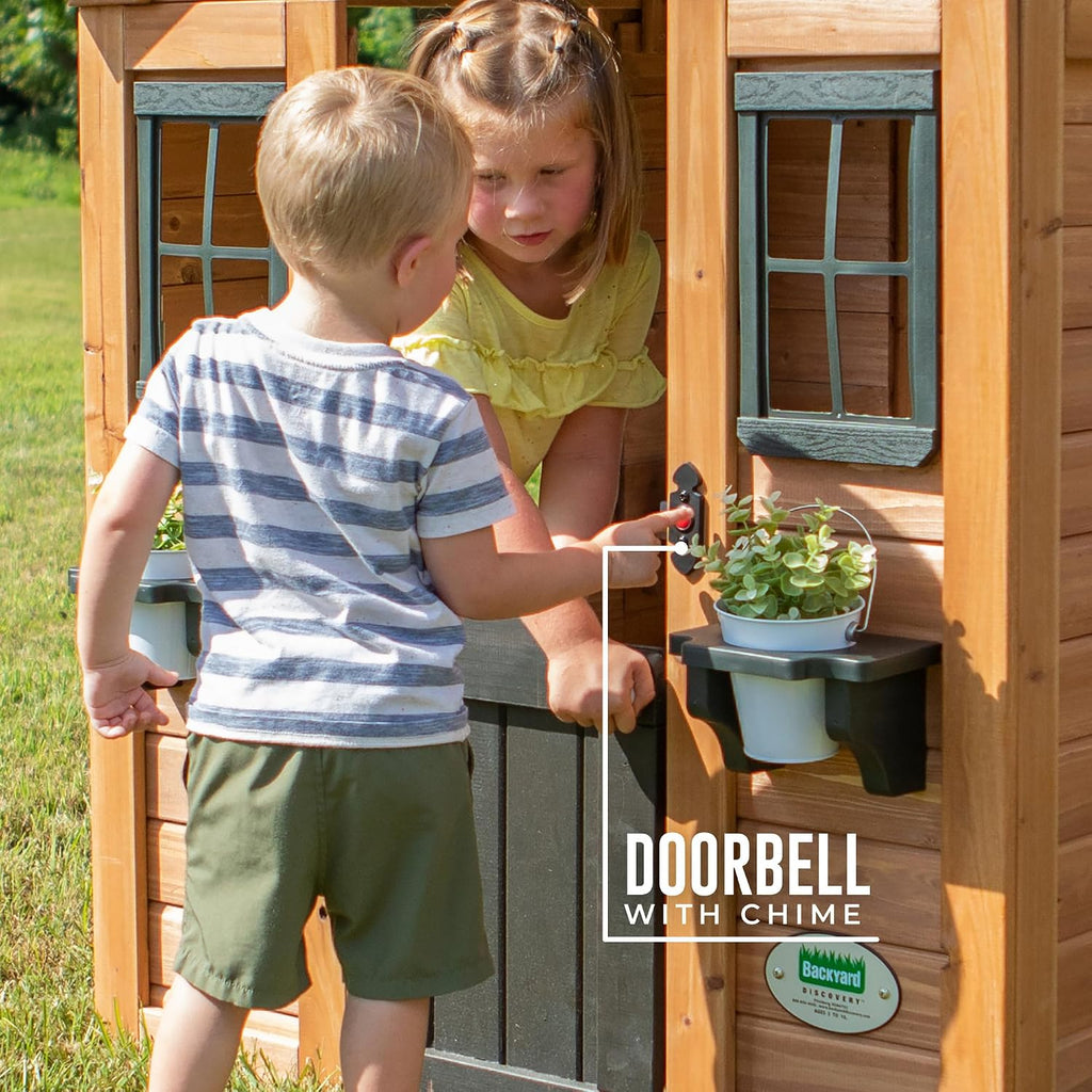 Sweetwater Cedar Wooden Kids Playhouse Cottage with Play Kitchen, Snack Bar, Half Door, Toy Phone, Windows, Flowerpot