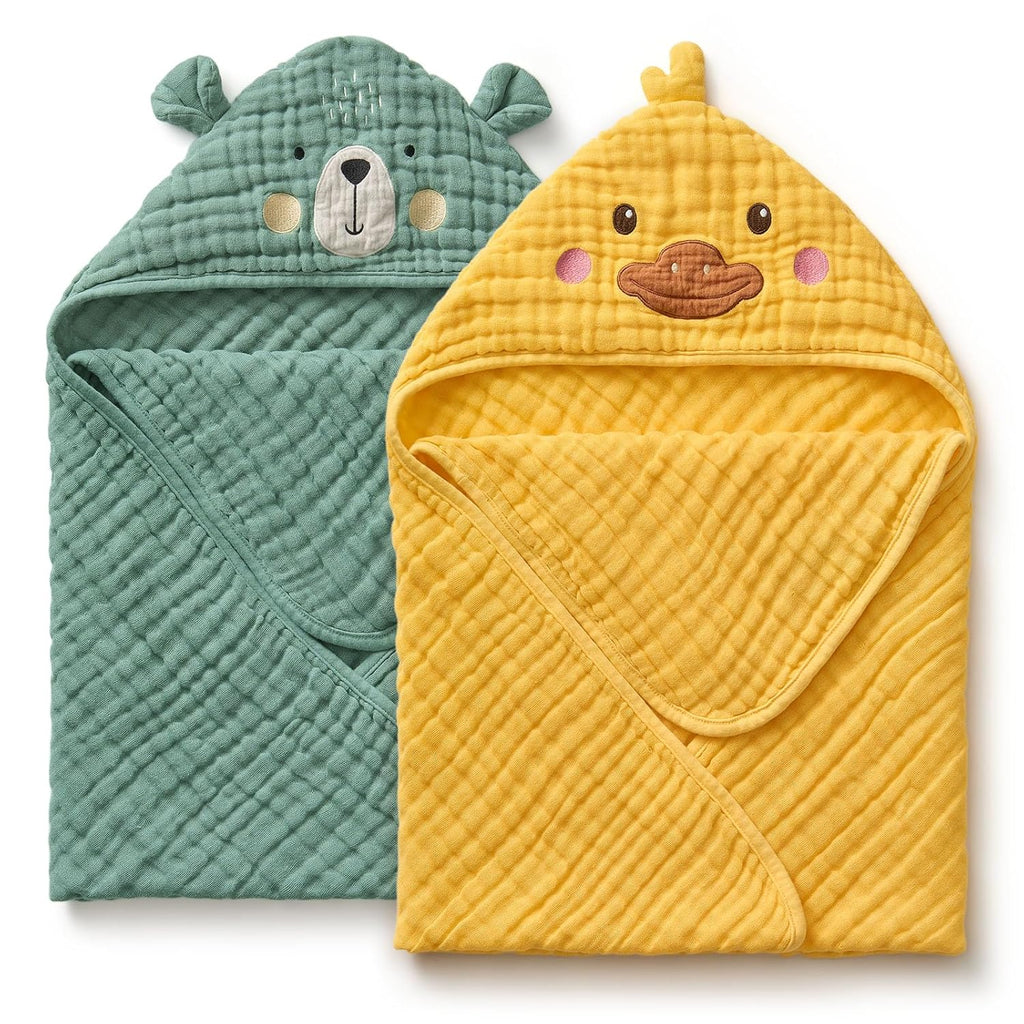 Muslin Baby Hooded Towel 2 Pack, Soft & Absorbent Bath Towel for Infant, Toddler, Unisex, Baby Gift, Newborn