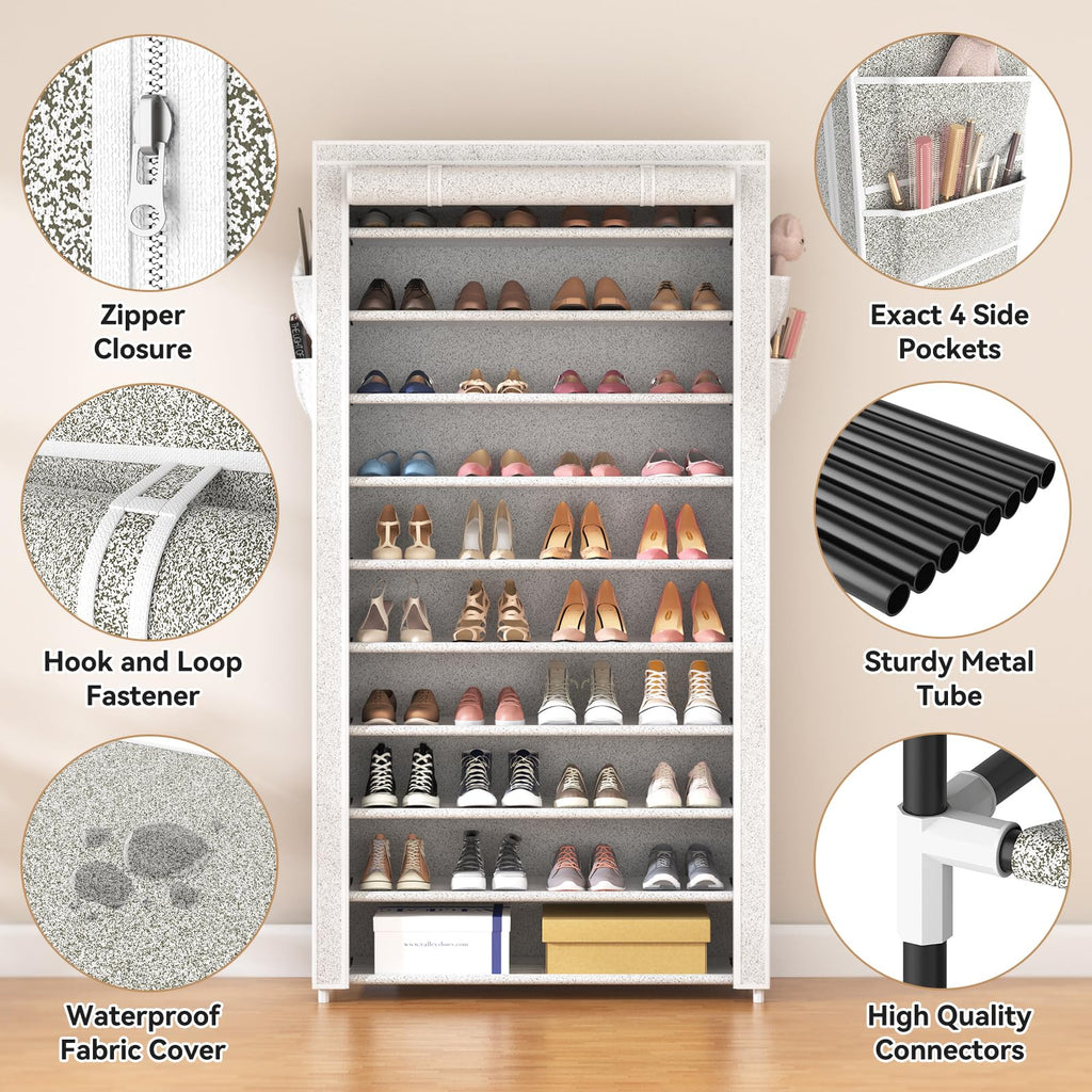 10 Tier Shoe Rack with Covers Large Capacity Stackable Tall Shoe Shelf Storage for 50-55 Pairs Shoe and Boot, Sturdy