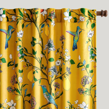 Mustard Yellow Vintage Velvet Curtains 96 inches,Victorian Whimsical Botanical Floral Blackout Room Darkening Curtain