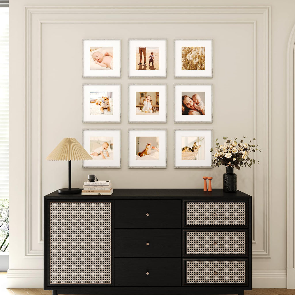8x8 Picture Frame Set of 9, Display Pictures 4x4 with Mat or 8x8 without Mat, Multi Collage Gallery Square Photo